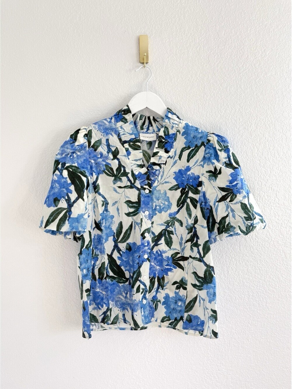 Entro Puff Sleeve Feminine Blouse Floral Cotton Botanical Girly Size Medium Blue